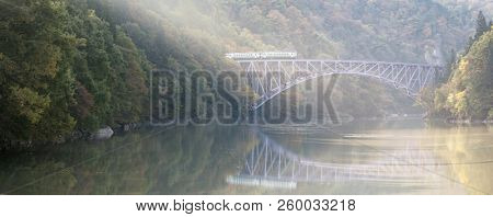 Autumn fall foliage Fukushima First Bridge View Point daiichi kyouryou in Mishima Fukushima Japan panorama