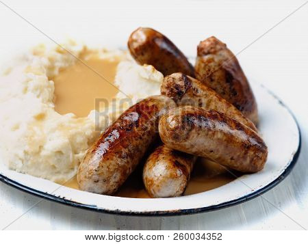 Close Up Rustic English Pub Grub Bangers And Mash