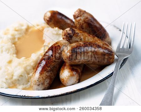 Close Up Rustic English Pub Grub Bangers And Mash