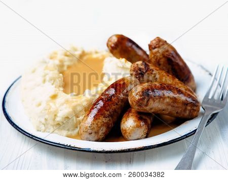 Close Up Rustic English Pub Grub Bangers And Mash