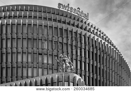 Berlin, Germany - May 28, 2017: Swissotel Hotel In Berlin City, Germany. Black And White Photography