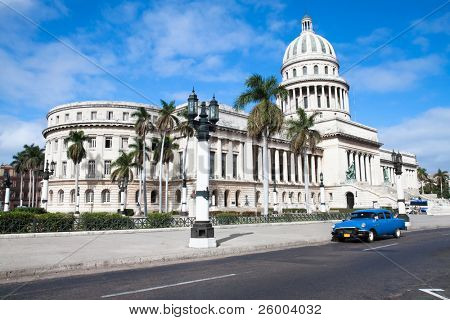 Capitolio building and vintage old american car. Havana, Cuba