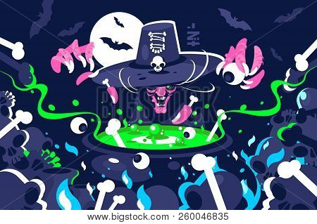 Halloween Witch Preparing Magic Potion In Cauldron