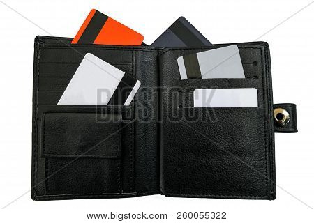 Open Black Purse With Credit And Debet Bank Cards. Isolated On A White Background.