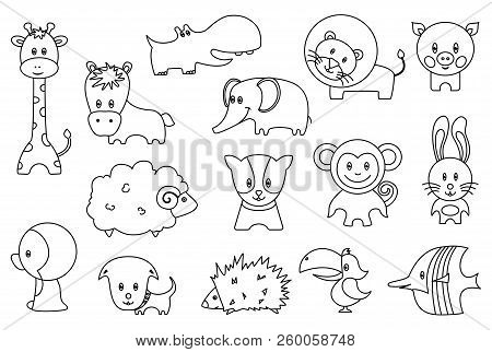Cute Wild And Domestic Animals Cartoon Stickers Or Icons Set. Funny Lion, Bird, Pig, Giraffe, Hedgeh