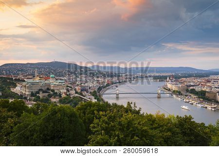 View Of Buda Castle And River Danube From Citadella In Budapest, Hungary.