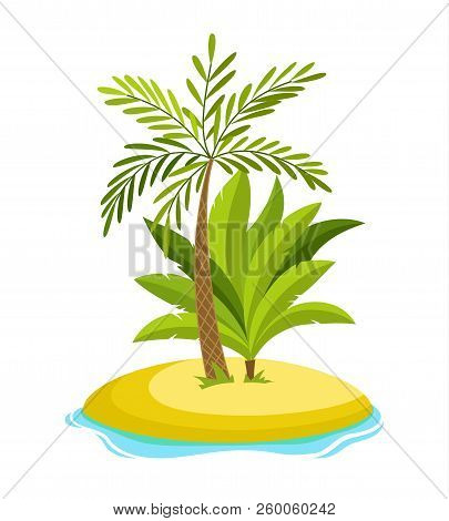 Tropical Palm On Island With Sea Waves Vector Illustration Isolated White Background. Beach Under Pa