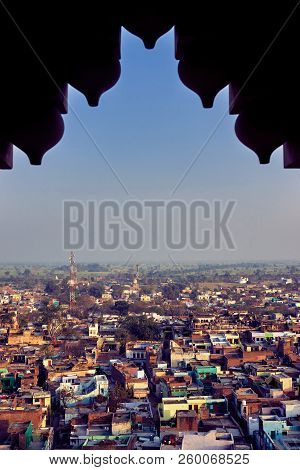 View From Shriji Radharani Mandir Indian Temple To Town Varsana, Barsana. Mathura, Uttar Pradesh, In