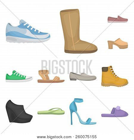 A Variety Of Shoes Cartoon Icons In Set Collection For Design. Boot, Sneakers Vector Symbol Stock We