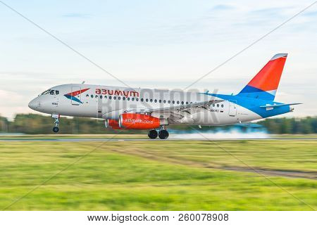 Sukhoi Super Jet Azimuth Airlines, Airport Pulkovo, Russia Saint-petersburg. August 15. 2018.
