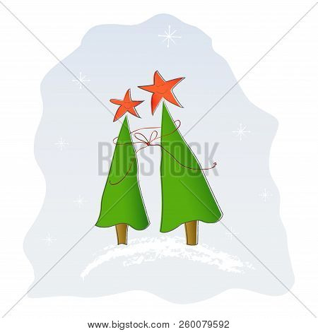 Christmas Trees With A Red Star. Cartoon Style.