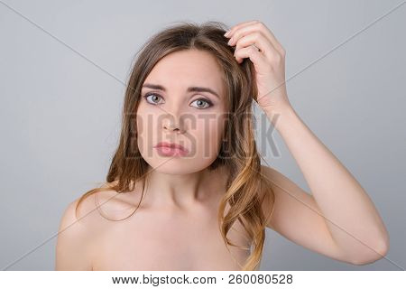 Make-up Lack Of Vitamins Minerals Quick Dirty Hairstyle Concept. Close Up Photo Portrait Of Sad Upse