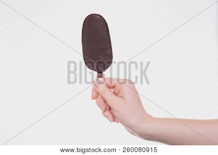 Close Up Photo Of Tasty Yummy Delicious Sugary Sweet With Chocolate Cover Ice-cream In Woman's Hand 