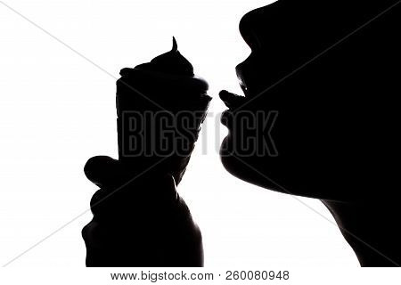 Big Fudge Joy Enjoy Arm Crispy Concept. Side Half-faced Portrait Of Sexy Woman Licking Tasty Delicio