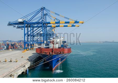 Mundra, India - December 31: Container Vessel In Port Of Mundra On December 31, 2017  In Mundra, Ind