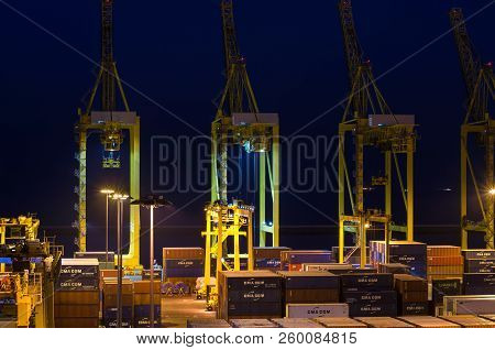 Khor Fakkan, United Arab Emirates - March 14: Container Terminal In Port Of Khor Fakkan On March 14,