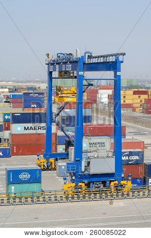 Mundra, India - February 04: Cargo Crane Of The Container Terminal In Port Of Mundra On February 04,