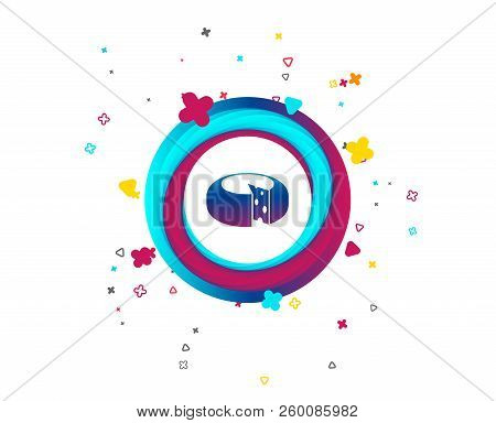 Cheese Wheel Sign Icon. Sliced Cheese Symbol. Round Cheese With Holes. Colorful Button With Icon. Ge