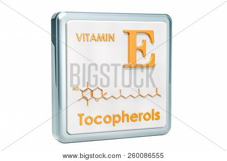 Vitamin E, Tocopherols. Icon, Chemical Formula, Molecular Structure On White Background. 3d Renderin