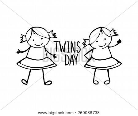 Twins Day. Card With Linear Girls