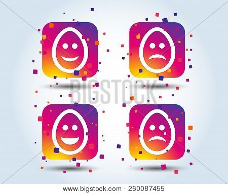 Eggs Happy And Sad Faces Icons. Crying Smiley With Tear Symbols. Tradition Easter Pasch Signs. Colou