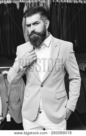Stylish Men's Suit. Men's Jacket On Bearded Man. Men's Clothing. Clothing Store. Shopping In Boutiqu