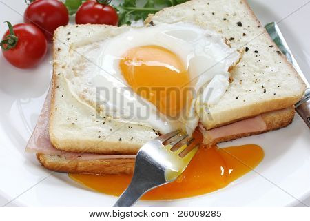 Croque madame, fransk hot skinke og ost sandwich med spejlæg