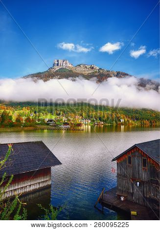 Misty And Sunny Morning On Altaussee Village. Sunny Autumn Scene In The Morning. Location: Resort Vi