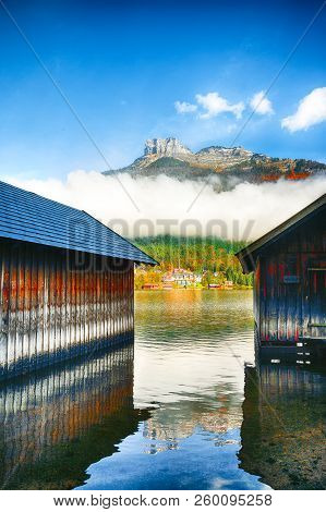 Misty Morning On The Lake Altausseer See. Foggy Autumn Scene In The Morning. Location: Resort Altaus