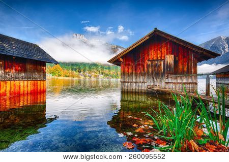 Misty Morning On The Lake Altausseer See. Foggy Autumn Scene In The Morning. Location: Resort Altaus