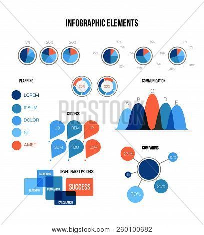 Business Data Visualisation Inforgaphic Elements Vector Set. Blue, Brown, Orange Pie Chart, Circle D