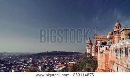 View of Shriji RadhaRani Mandir indian temple, and town Varsana, Barsana. Mathura, Uttar Pradesh, In