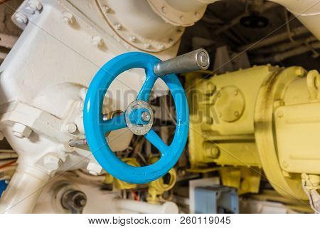 Moscow, Russia - May 04, 2018: Interior of Russian Soviet submarine in museum of naval forces.