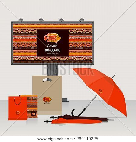 The Bright Corporate Identity With Fish And Ornaments In Ethnic Style - A Billboard, An Umbrella, Pa