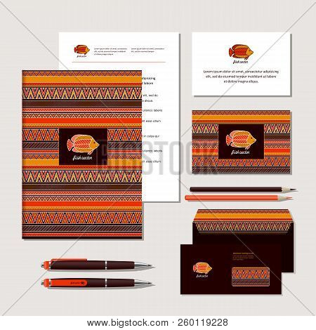 The Bright Corporate Identity With Fish And Ornaments In Ethnic Style. Samples Of Business Cards, A 