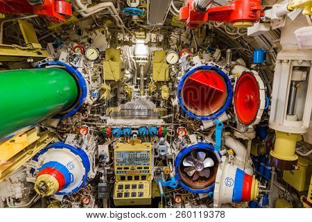 Moscow, Russia - May 04, 2018: Interior of torpedo chamber of old Russian Soviet  submarine in museum of naval forces.