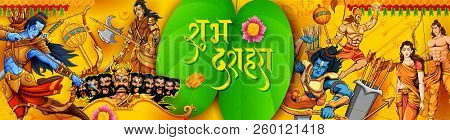 Lord Rama With Bow Arrow Killing Ravan In  Navratri Festival Of India Poster With Message In Hindi M