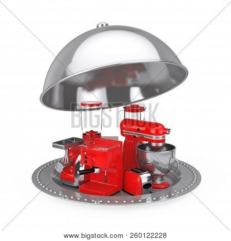 Kitchen Appliances Set. Red Blender, Toaster, Coffee Machine, Meat Ginder, Food Mixer And Coffee Gri