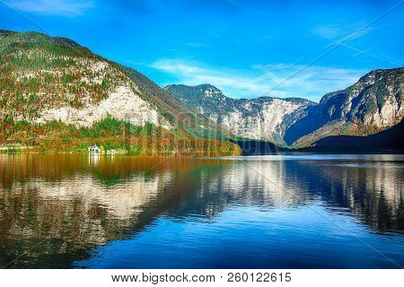 Scenic View Of Famous Hallstatt Mountain Village With Hallstatter Lake. Sunnny Autumn On Hallstatt L