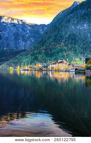 Scenic View Of Famous Hallstatt Mountain Village With Hallstatter Lake. Sunnny Autumn Evening On Hal