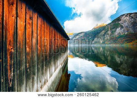 Boat House On Hallstatter Lake. Sunnny Autumn On Hallstatt Lake. Location: Resort Village Hallstatt,