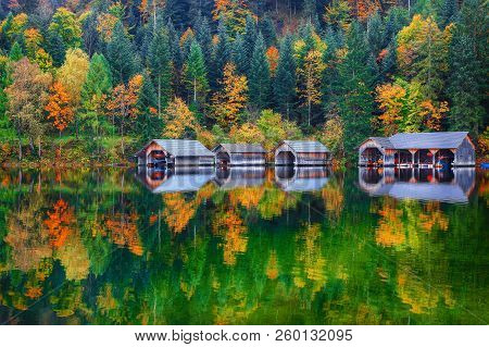 Misty Morning On Altaussee Village.misty Autumn Scene In The Morning. Mirror Reflection. Location: R