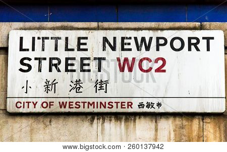 London, England, Uk - June 7, 2015: Little Newport Street Sign On The Wall In The City Of Westminste