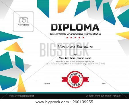 Kids Diploma Or Certificate Template With Photo Affix