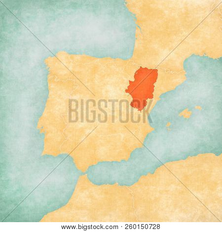 Aragon On The Map Of Iberian Peninsula In Soft Grunge And Vintage Style On Old Paper.
