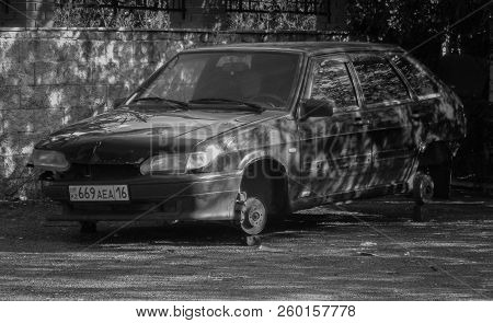 Kazakhstan, Ust-kamenogorsk, September 4, 2018: Lada Samara. Lada 2114. Car Without Wheels. Black An
