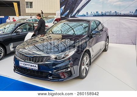 Krasnoyarsk, Russia - September 22, 2018: Exhibition Motor Expo Show Car Kia Optima. Front Left View
