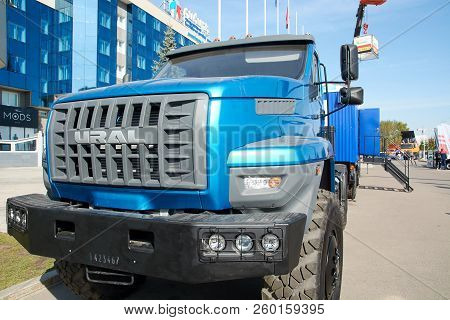 Krasnoyarsk, Russia - September 22, 2018: Exhibition Motor Expo Show Ural-next 44202-5311. Front Vie