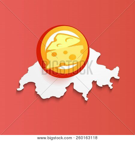 Illustration Of Swiss Cheese On Map Of Switzerland - Vector Symbol Isolated On Red Background.