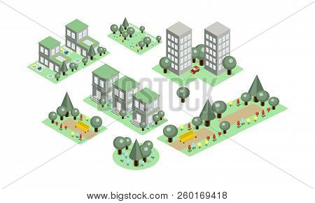 Vector Set Of Isometric City Elements. Parks With Benches And Green Trees, Private Houses And High-r